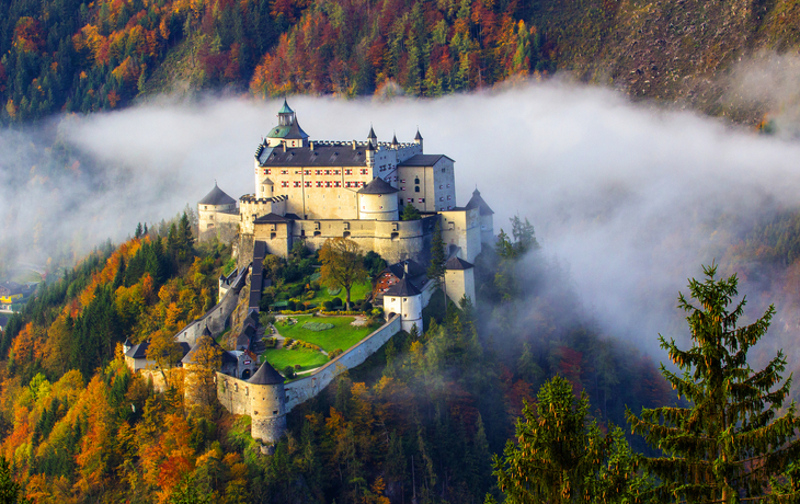 Burg auf einem Hügel inmitten von Herbstwald und Nebel.