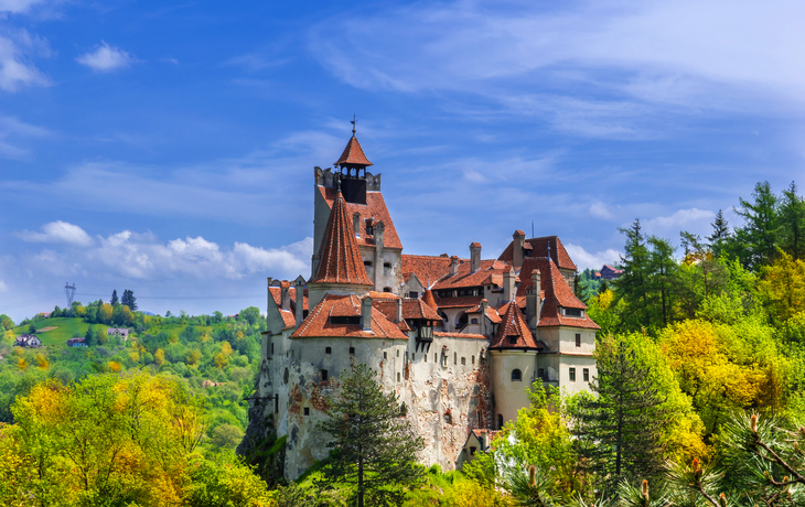 Ein Schloss auf einem Hügel umgeben von Bäumen unter blauem Himmel.