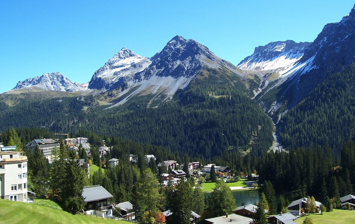 Blick auf ein Alpental mit Bergen, Wald, Wiese und Dorf bei klarem Himmel.