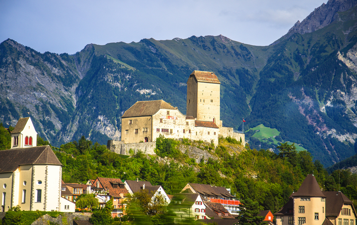 Stadtansicht mit Schloss und Kirche vor Alpenkulisse.