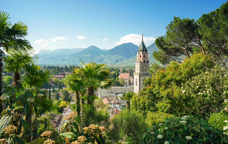 Kirchturm in Meran vor Bergen und Palmen.
