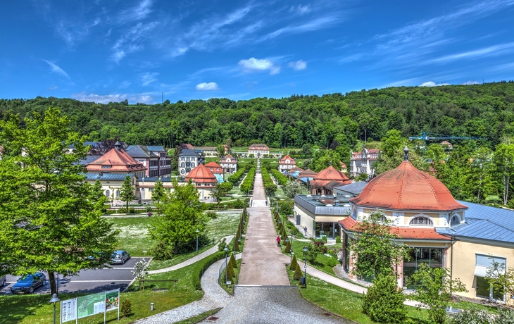 Parkanlagen mit historischen Gebäuden, Bäumen und blauem Himmel im Hintergrund.