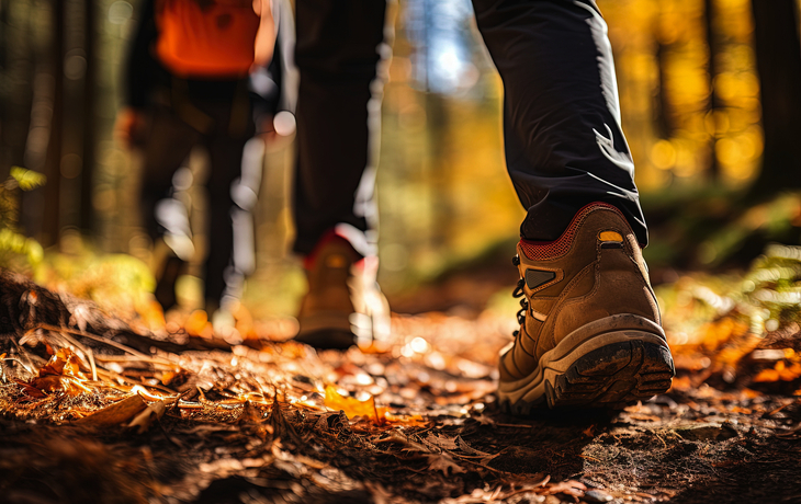 Person wandert auf einem Waldweg, Nahaufnahme von Wanderschuhen.