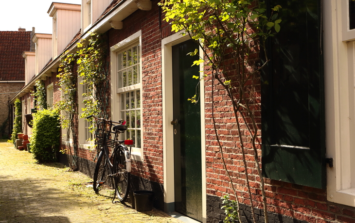 Rote Backsteinfassade mit Fahrrad, Fenster und Pflanzen.