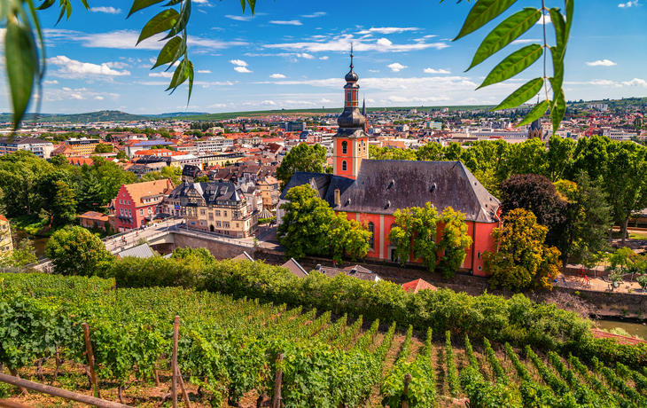 Blick auf malerische Stadt mit Kirche und Weinbergen im Vordergrund.