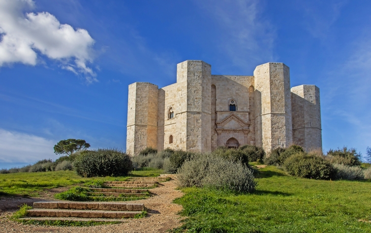 Schloss mit achteckigem Turm unter blauem Himmel und grünem Gras im Vordergrund.
