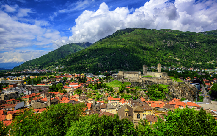 Panorama einer Stadt mit Burg und grünen Bergen im Hintergrund.