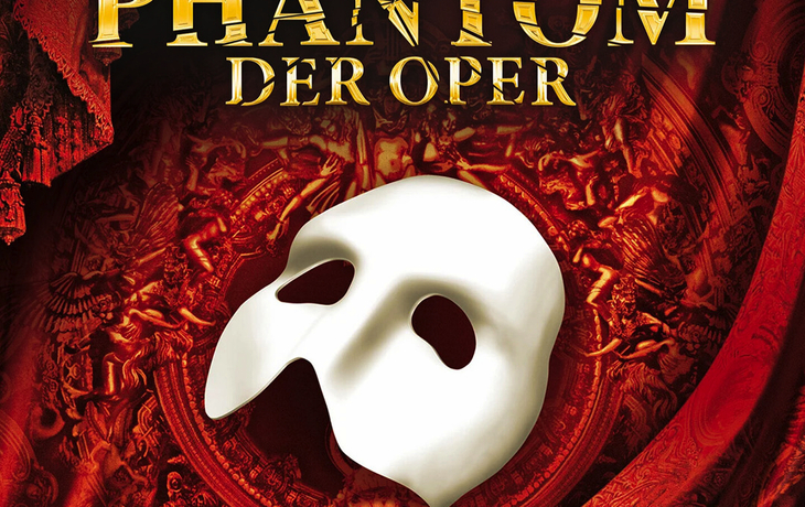 Poster für "Das Phantom der Oper" Musical, mit Maske und rotem Hintergrund.
