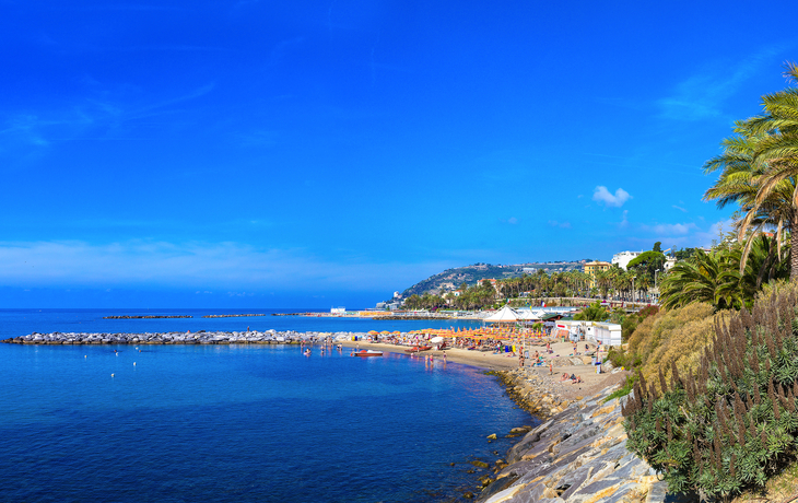 Küstenlandschaft mit Strand, Meer, Palmen und blauem Himmel.