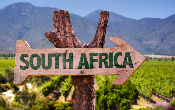 Südafrika Holzschild mit Weinberg im Hintergrund in einer Weinregion im südlichen Afrika