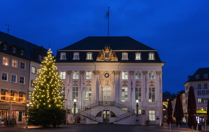 Beleuchteter Weihnachtsbaum vor einem historischen Gebäude bei Nacht.